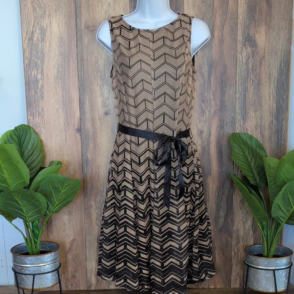 Haani Black and Tan Chevron Midi Sleeveless Petite Dress PM C500 - Picture 1 of 10